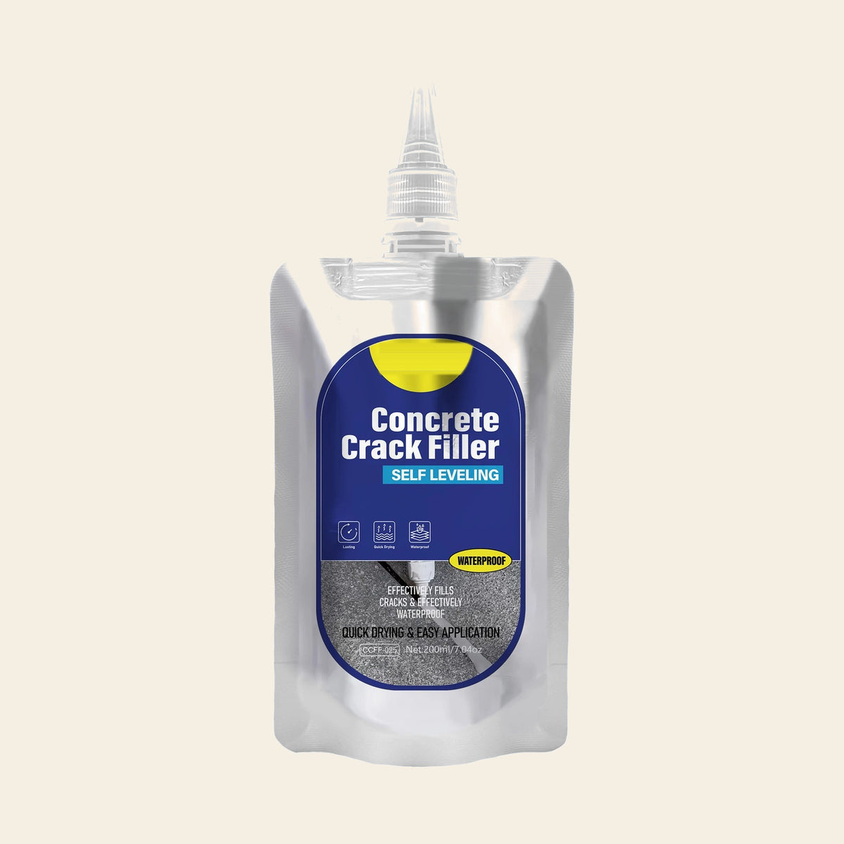 Waterproof concrete crack filler pouch standing upright, showing the grey self-levelling formula inside