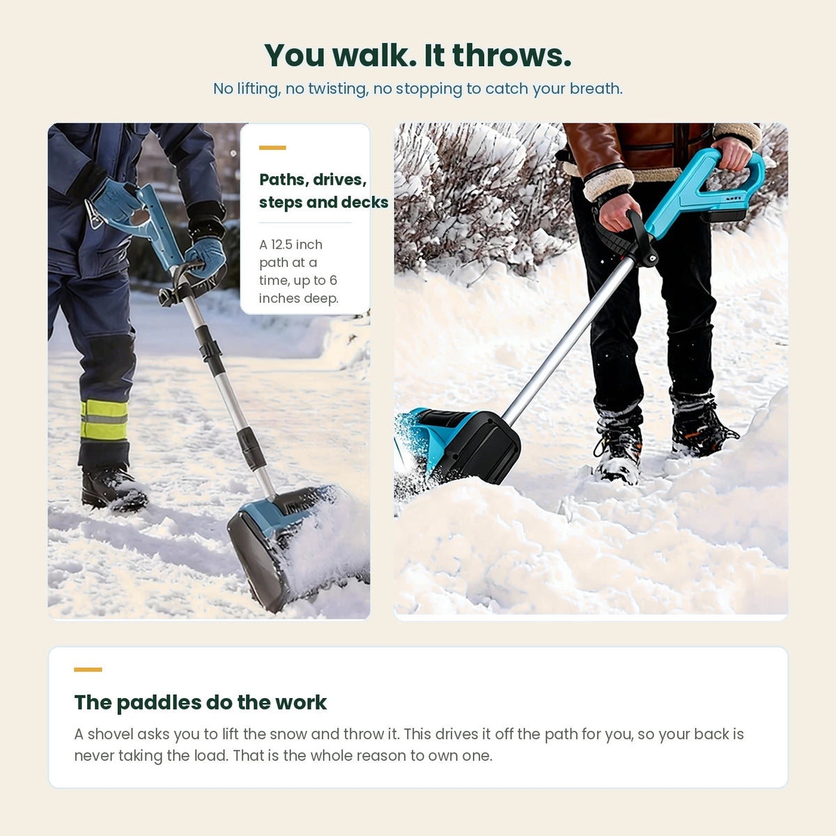 Two people clearing snow from a path and a drive with the cordless snow shovel, which throws the snow as you walk