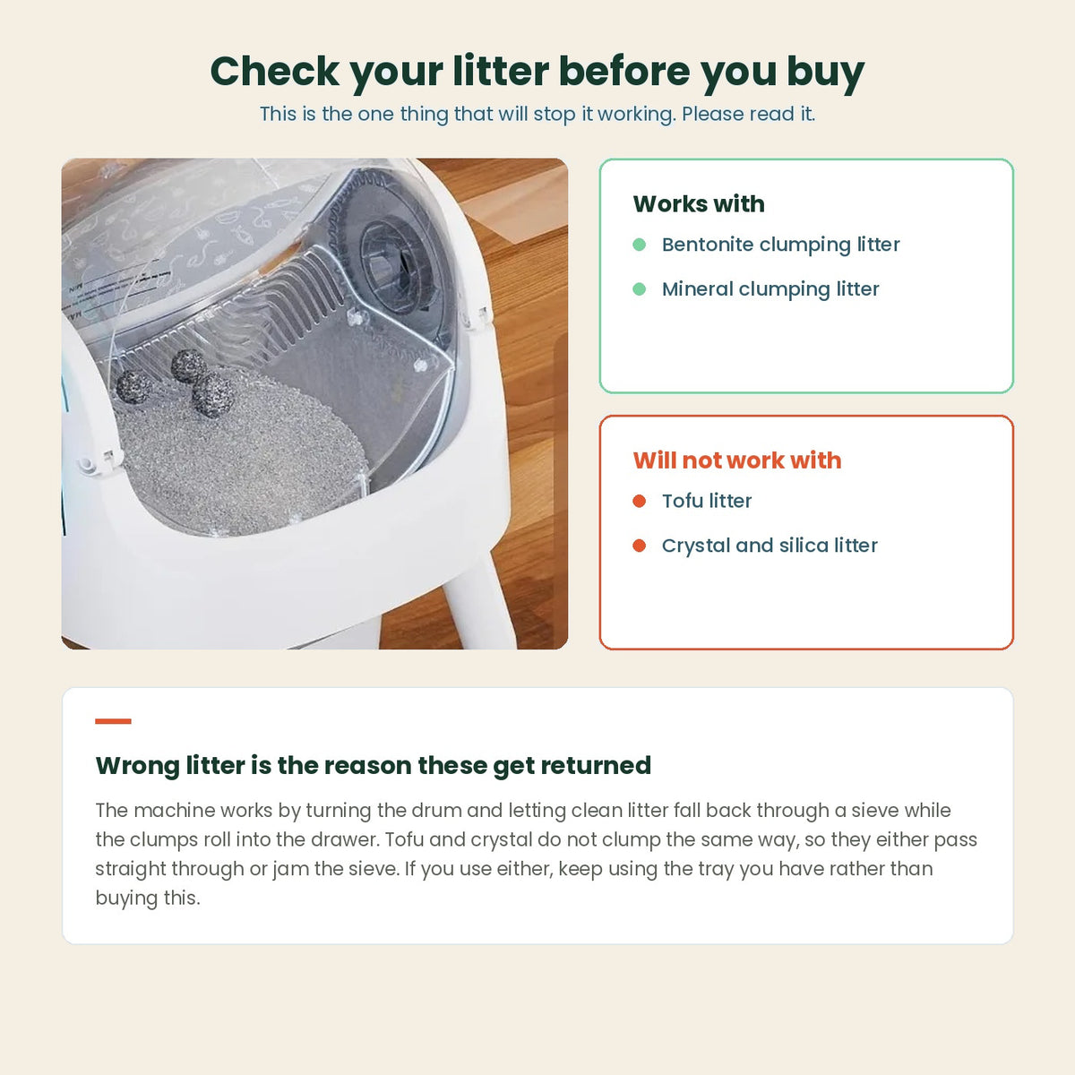 Litter guide for the self-cleaning box: bentonite and mineral clumping litter work, tofu and crystal litter do not