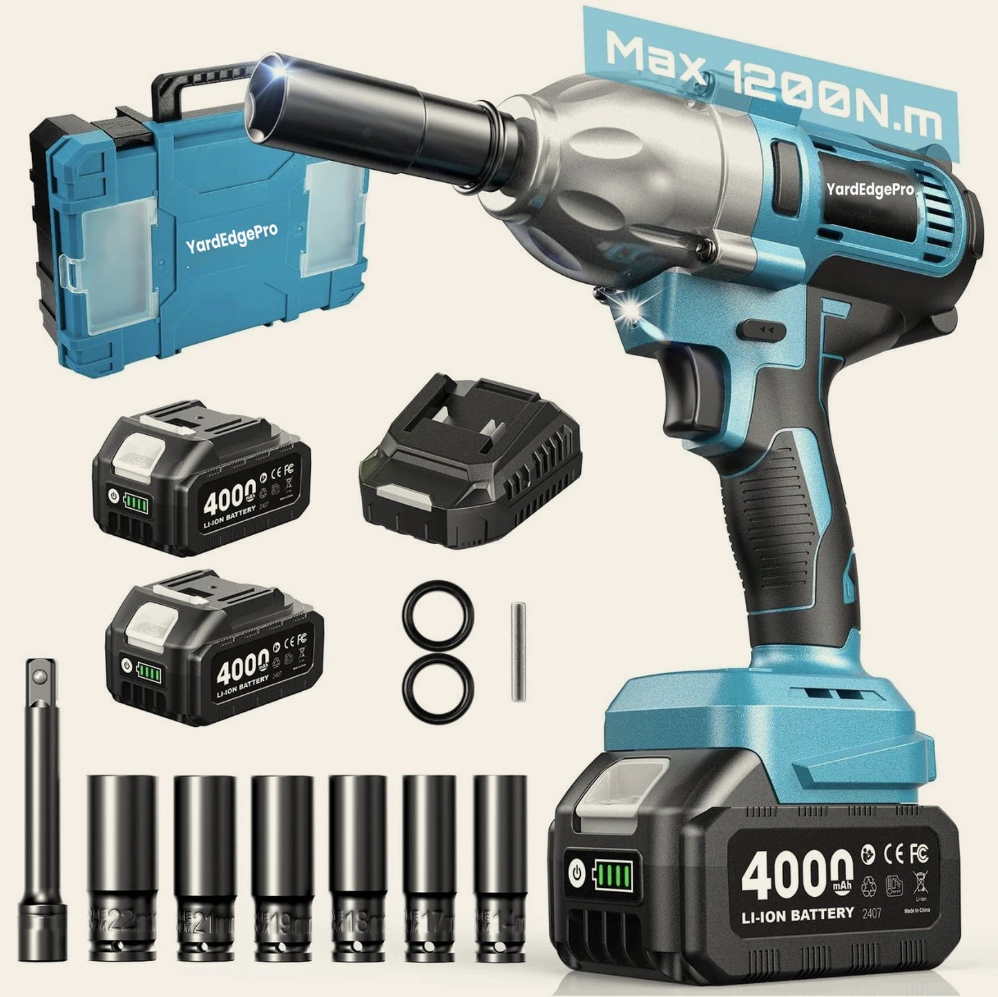 YardEdge Pro 1200 N·m brushless cordless impact wrench with 1/2-inch square drive