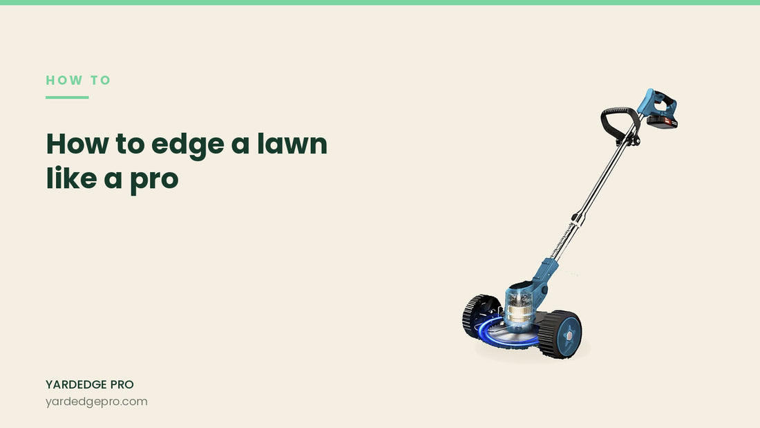 Article banner: how to edge a lawn like a pro, showing a cordless trimmer and edger on its wheels