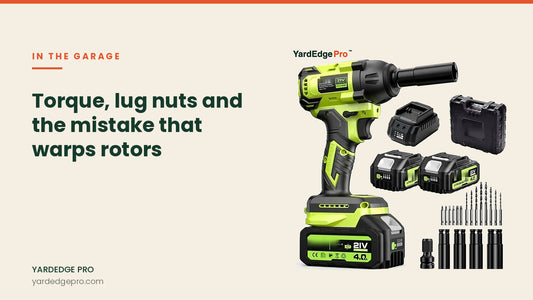 Article banner: torque, lug nuts and the mistake that warps rotors, with a cordless impact wrench, socket set and battery