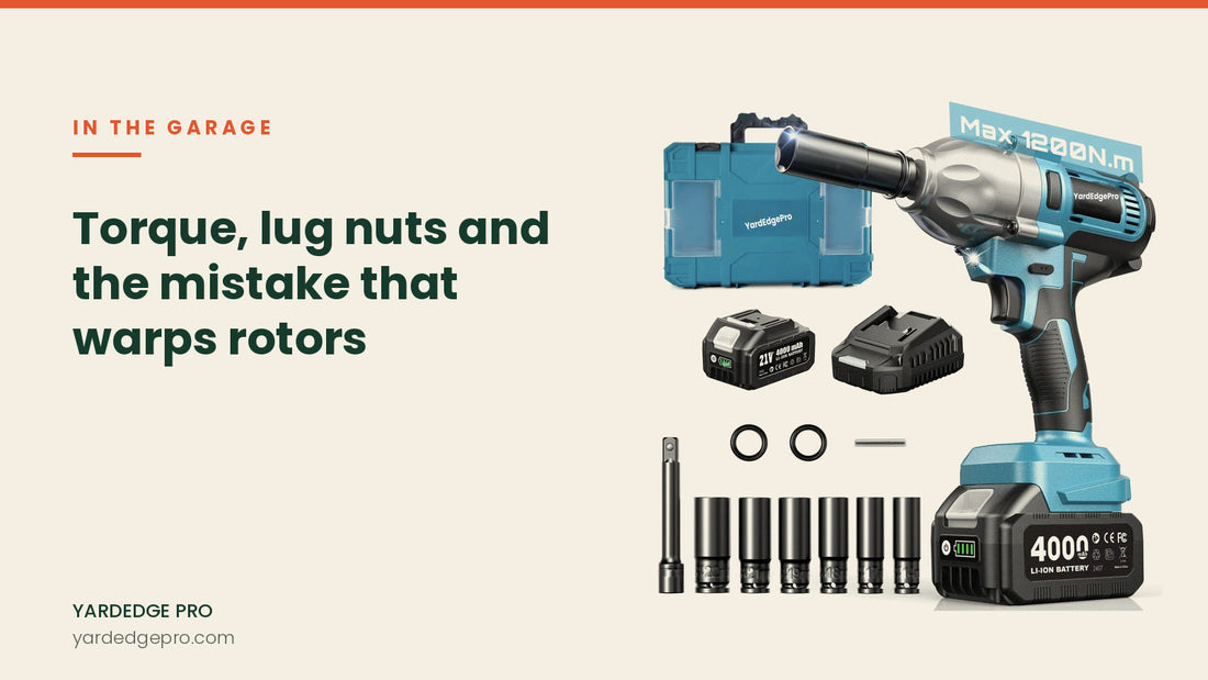 Article banner: torque, lug nuts and the mistake that warps rotors, with a cordless impact wrench, socket set and battery