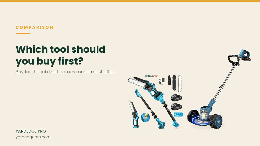 Article banner: which tool should you buy first, showing a pole saw, pruning shears, a cordless trimmer and batteries