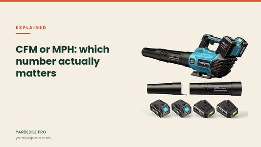 Article banner: CFM or MPH, which number actually matters, with a cordless leaf blower, its nozzles and four batteries