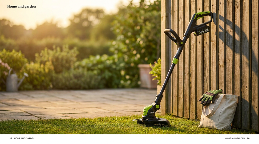 YardEdge cordless lawn trimmer leaning against a garden fence on a freshly mowed lawn