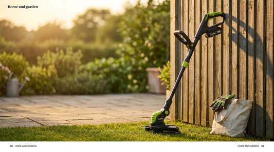YardEdge cordless lawn trimmer leaning against a garden fence on a freshly mowed lawn