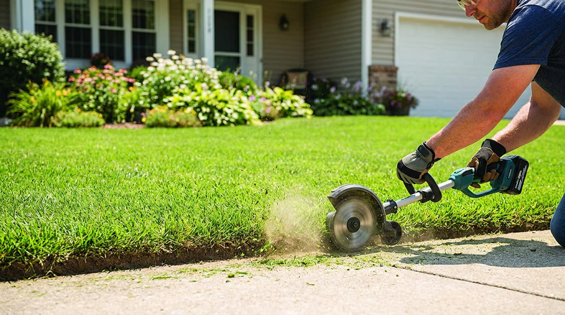Cutting a clean crisp lawn edge along a concrete driveway with a cordless edger