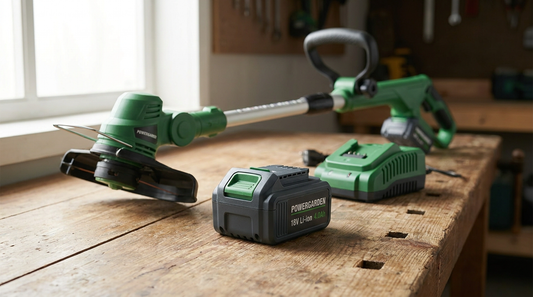 Rechargeable lithium battery pack for a cordless garden trimmer on a workbench