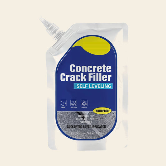 Pouch of waterproof self-levelling concrete crack filler with its pointed applicator nozzle