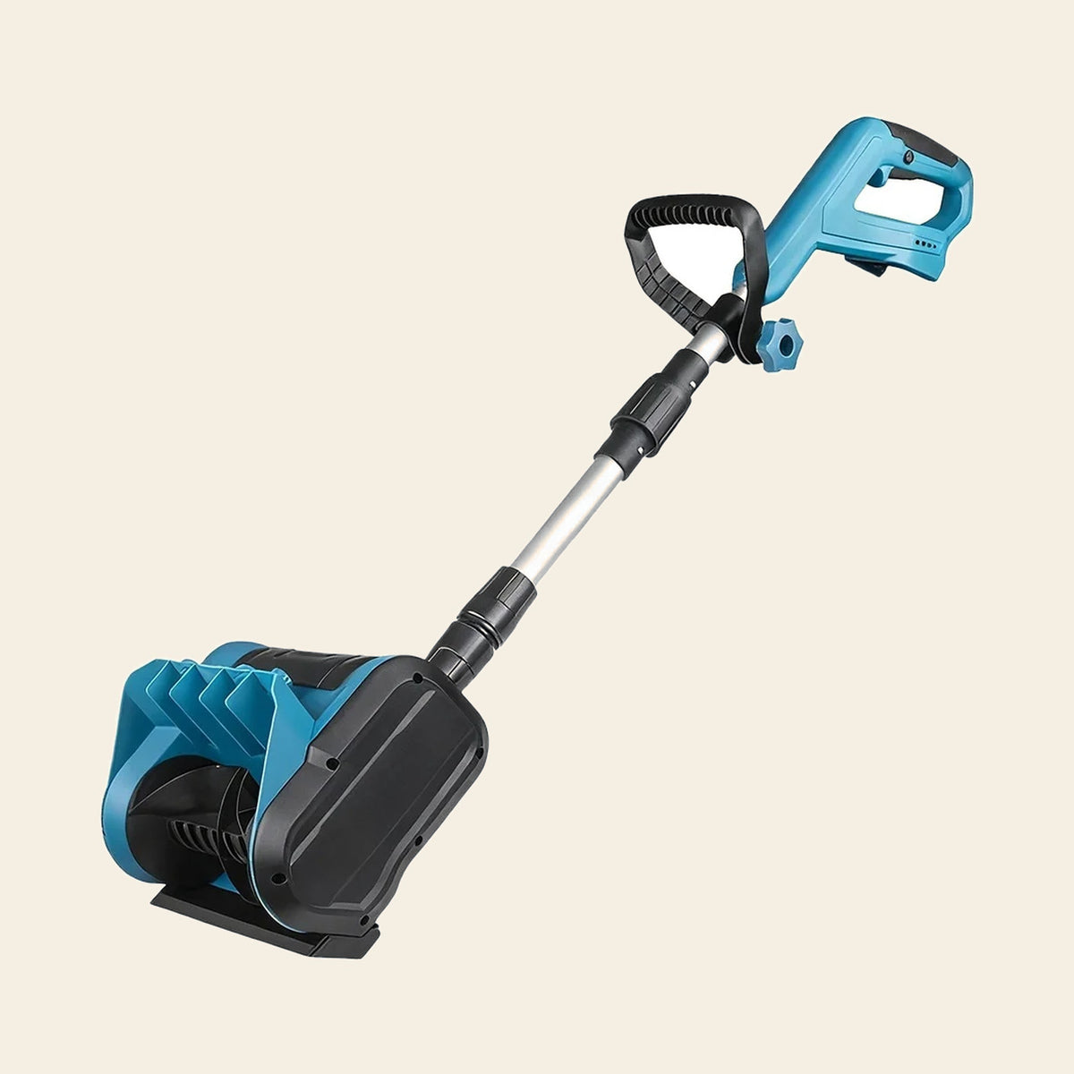 Cordless electric snow shovel with a telescopic shaft and blue paddle auger housing