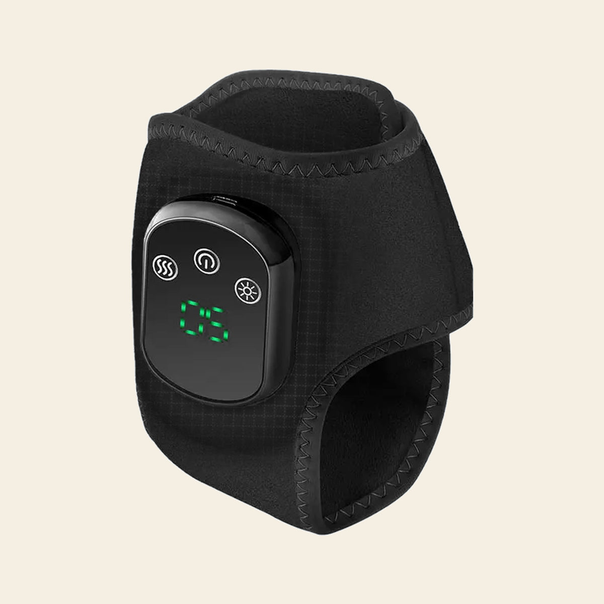 Black heated ankle and foot wrap shown open at an angle, with the control panel and LED display