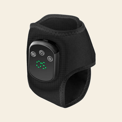 Black heated ankle and foot wrap shown open at an angle, with the control panel and LED display