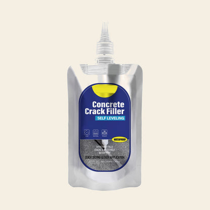 Waterproof concrete crack filler pouch standing upright, showing the grey self-levelling formula inside