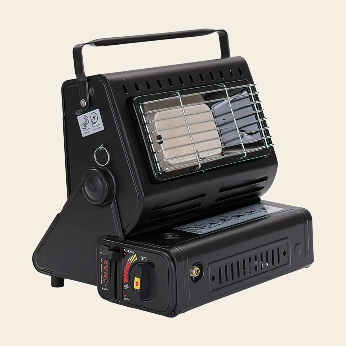 Portable gas heater and camp stove seen from the front, showing the burner grille, carry handle and control dial
