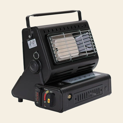 Portable gas heater and camp stove seen from the front, showing the burner grille, carry handle and control dial