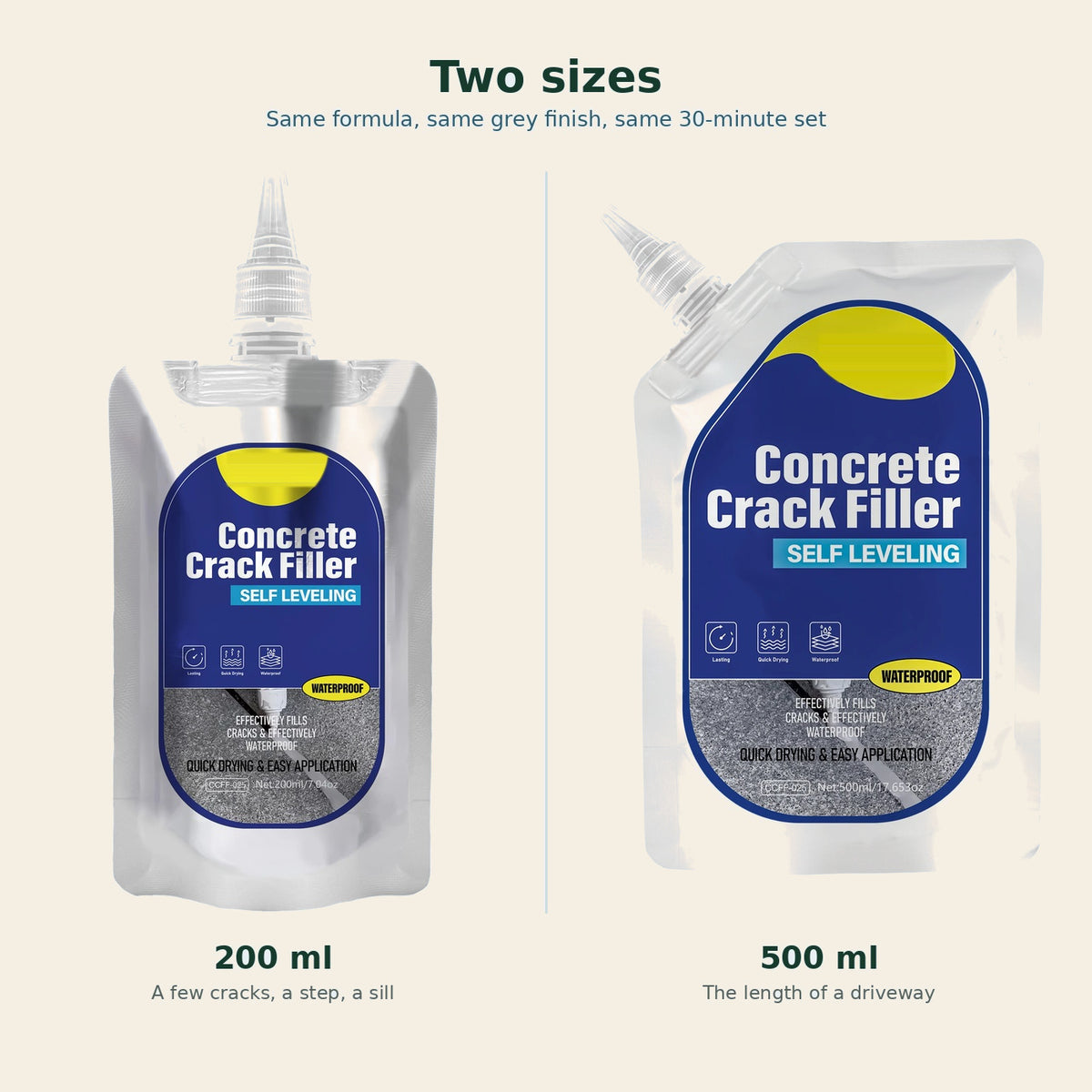 The two sizes of concrete crack filler: 200 ml for a few cracks and 500 ml for the length of a driveway