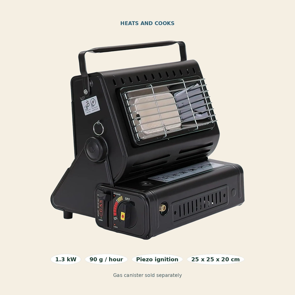 Portable gas heater specifications: 1.3 kW output, 90 g of gas per hour, piezo ignition and 25 by 25 by 20 cm