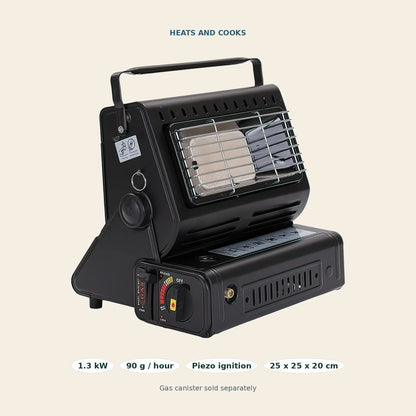 Portable gas heater specifications: 1.3 kW output, 90 g of gas per hour, piezo ignition and 25 by 25 by 20 cm