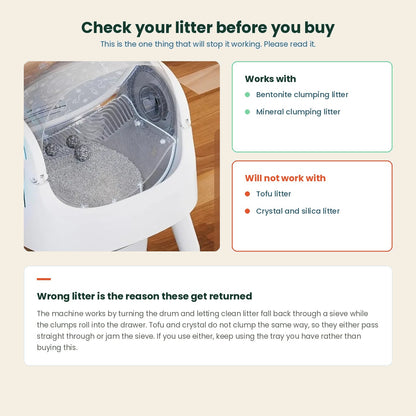 Litter guide for the self-cleaning box: bentonite and mineral clumping litter work, tofu and crystal litter do not