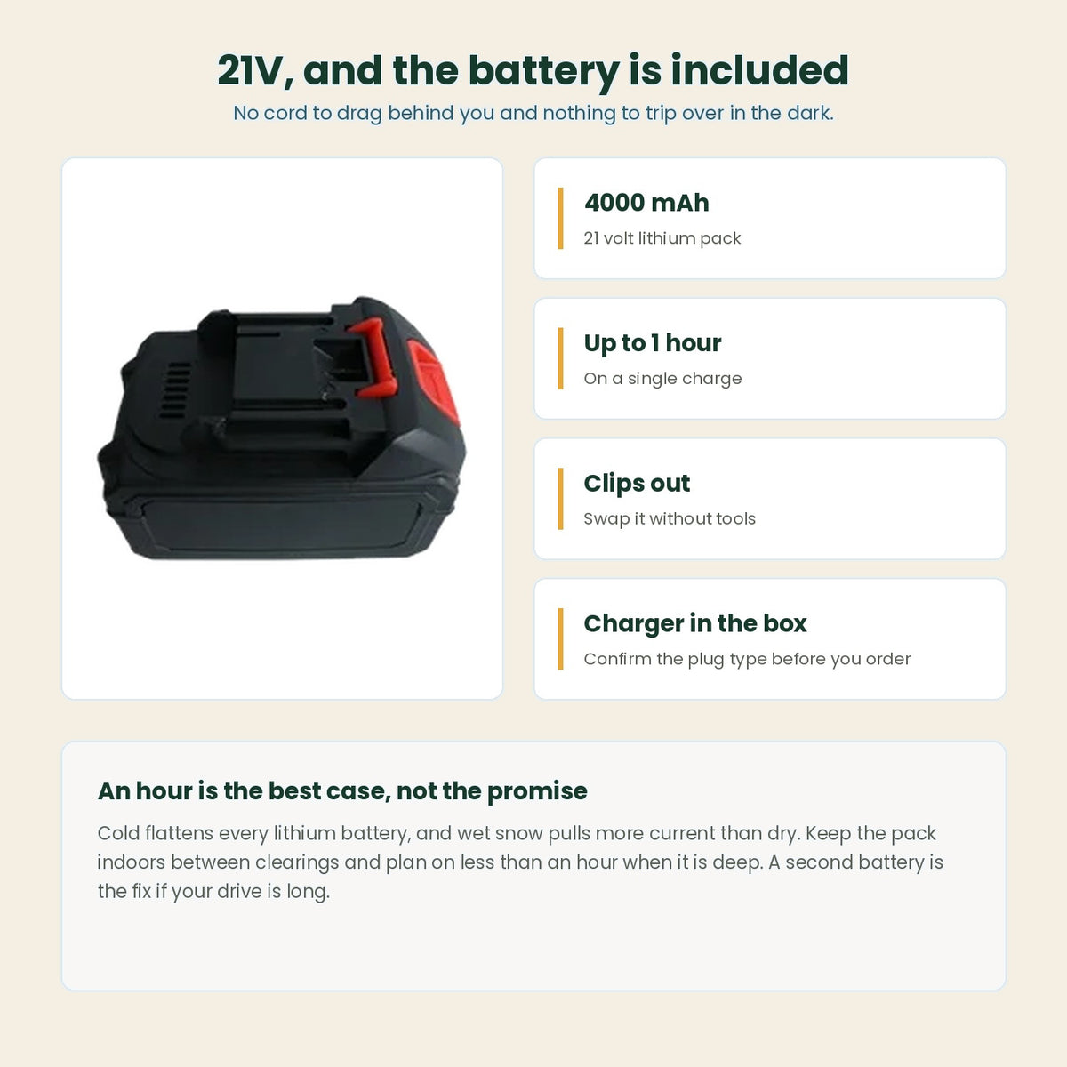 The included 21V 4000mAh battery pack for the cordless snow shovel, giving up to one hour per charge