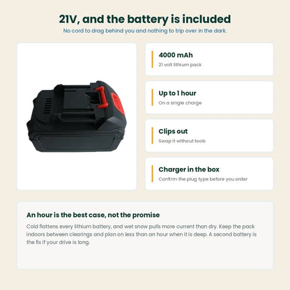 The included 21V 4000mAh battery pack for the cordless snow shovel, giving up to one hour per charge