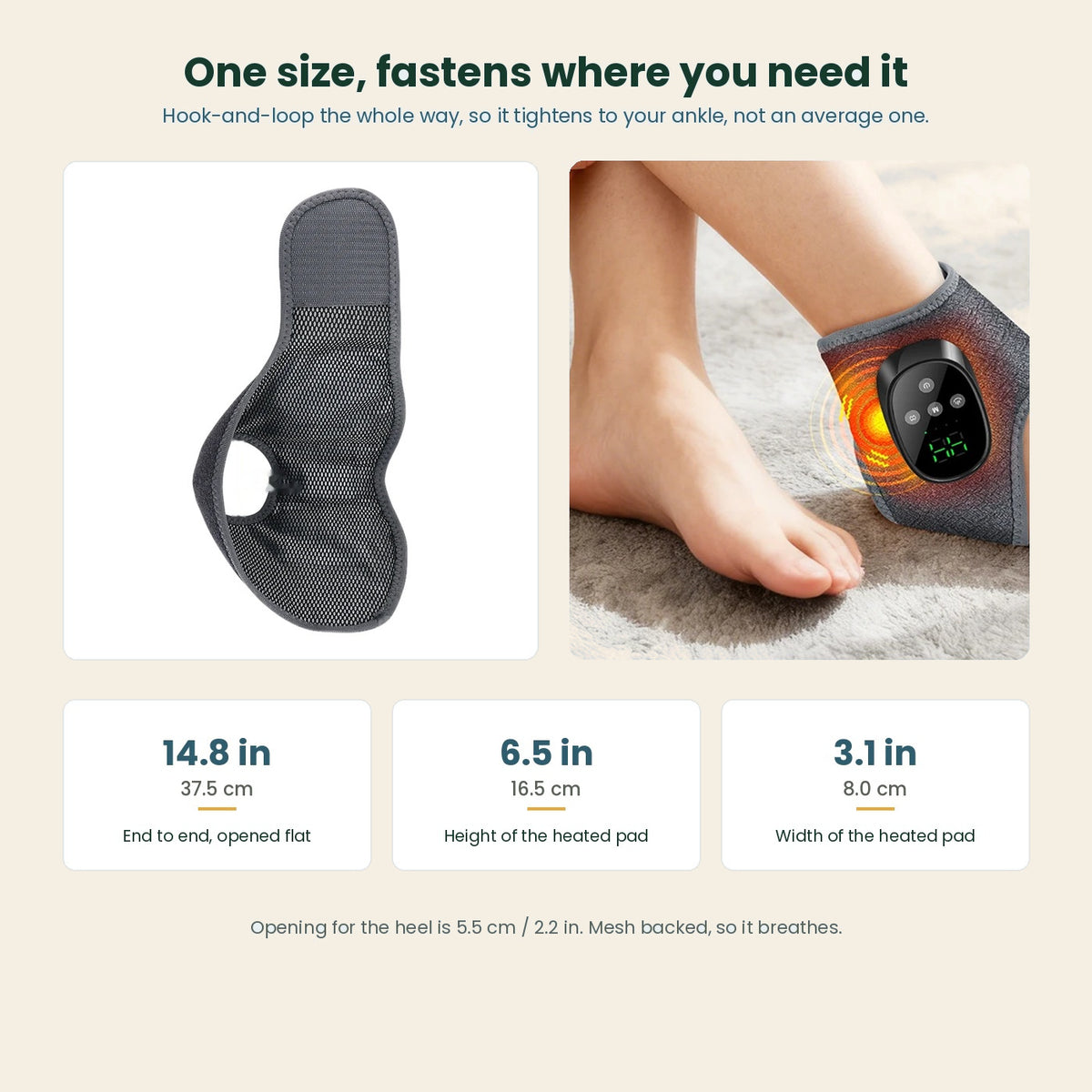 Heated ankle wrap size guide: 14.8 inches end to end, with a 6.5 by 3.1 inch heated pad and a mesh back