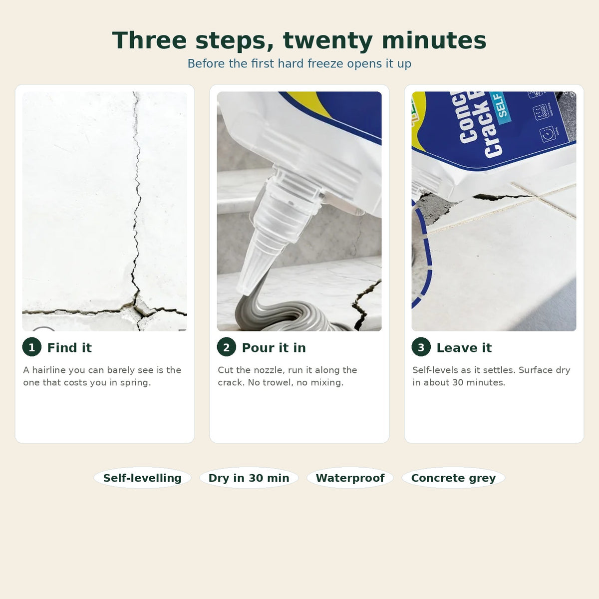 Three steps to repair a concrete crack: find it, pour the filler along it, then leave it to self-level
