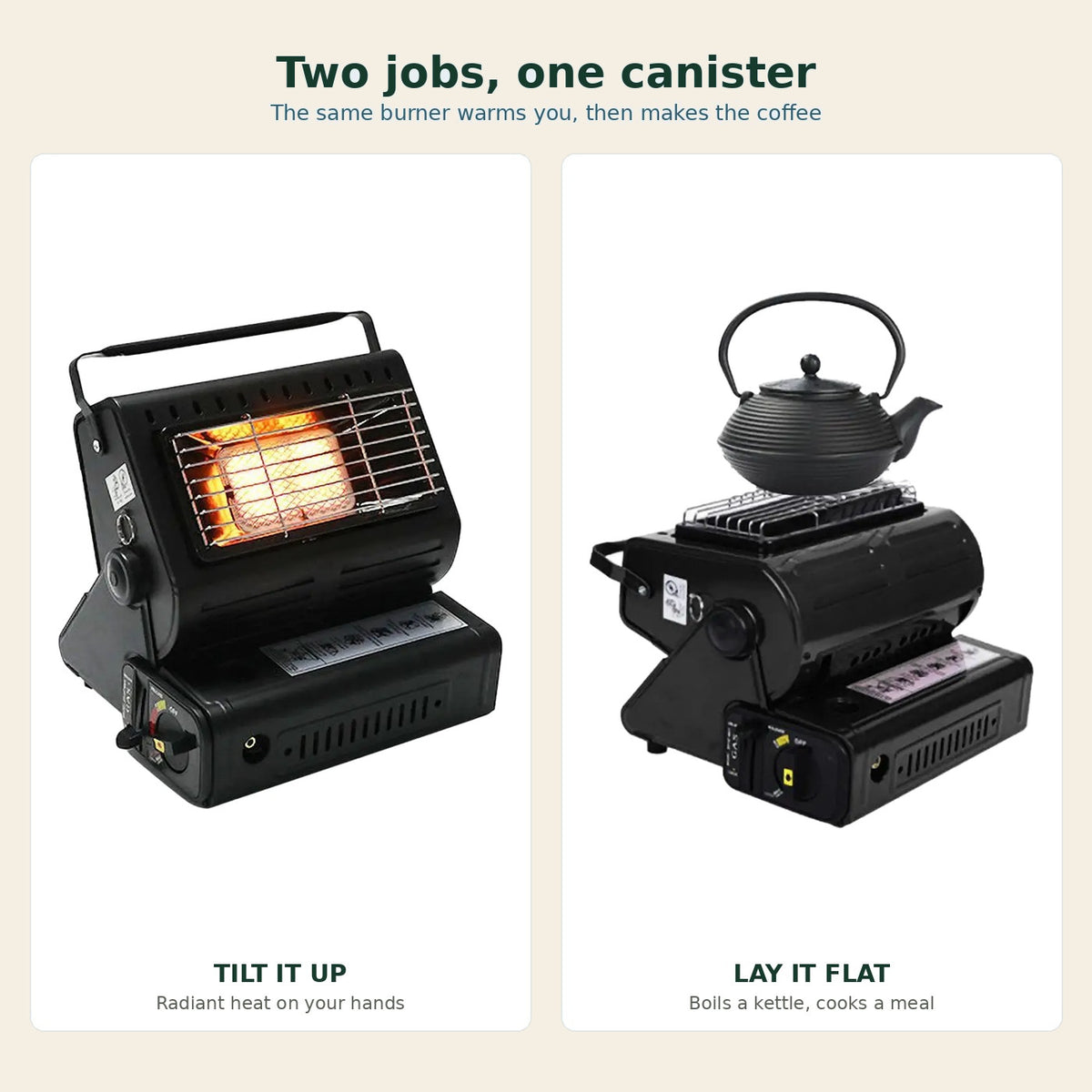 The gas heater tilted up for radiant heat, and laid flat with a kettle on top for cooking, from one canister