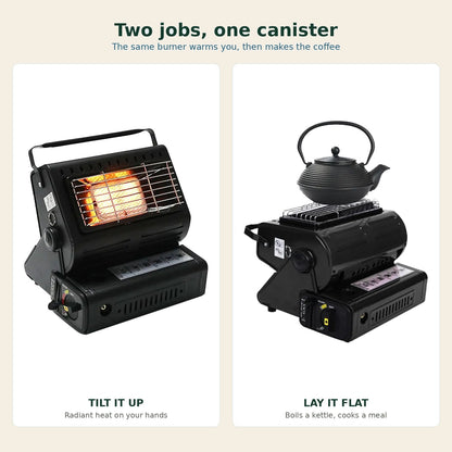 The gas heater tilted up for radiant heat, and laid flat with a kettle on top for cooking, from one canister