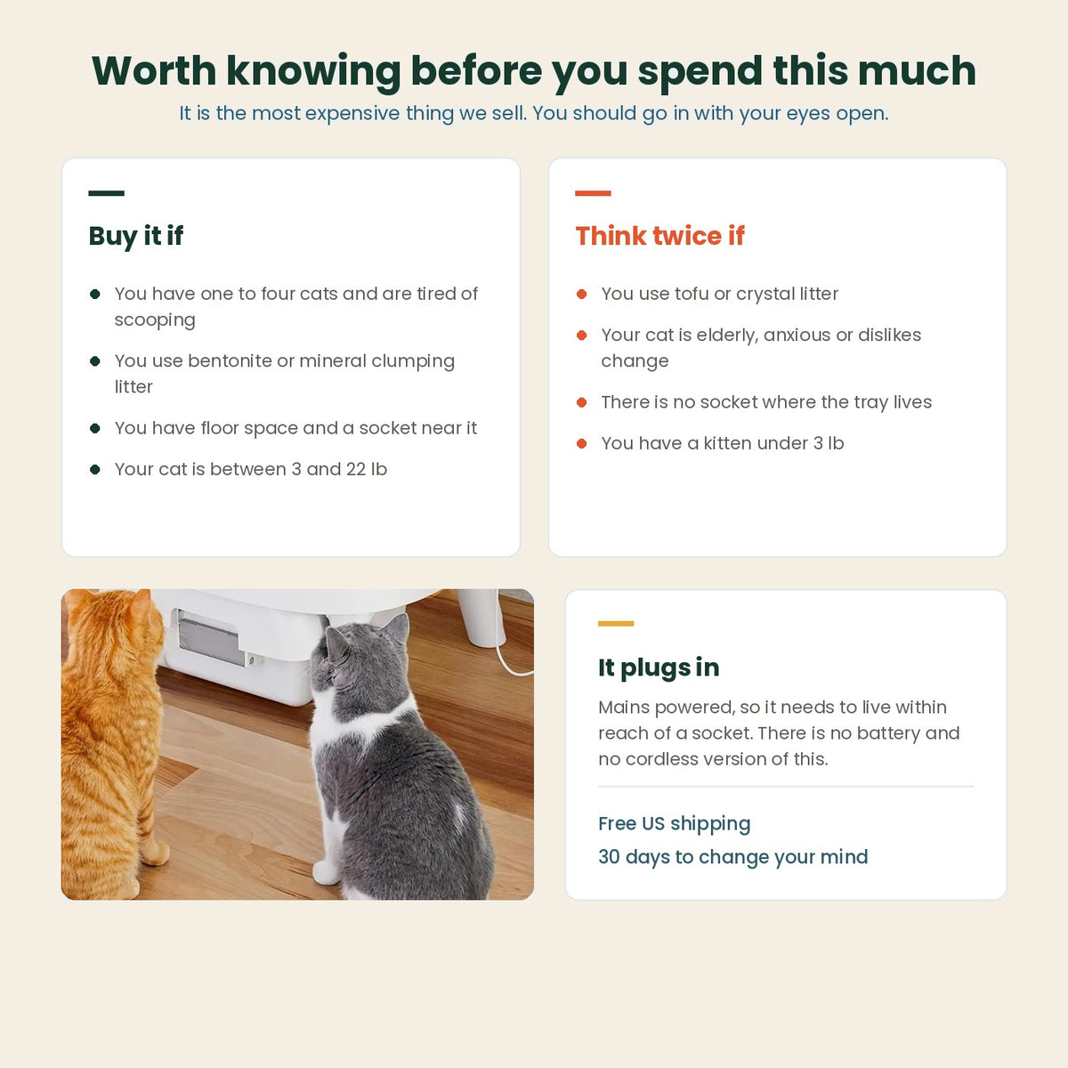 Who should buy the self-cleaning litter box and who should think twice, with two cats beside the machine