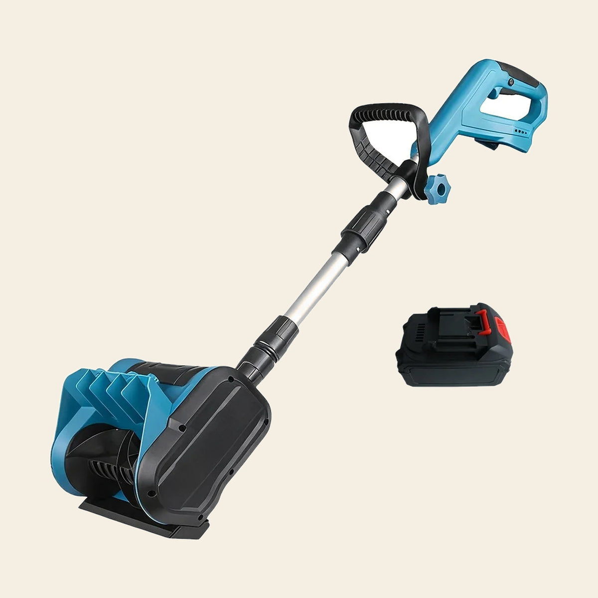 Cordless electric snow shovel shown alongside its 21V battery pack