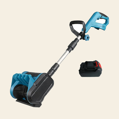 Cordless electric snow shovel shown alongside its 21V battery pack