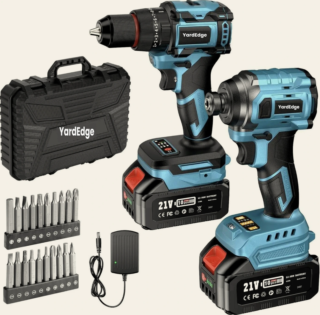 YardEdge Pro cordless combo kit: brushless 3/8 inch drill driver and 1/4 inch impact driver with two 4.0Ah batteries, fast charger, 20 driver bits and carry bag