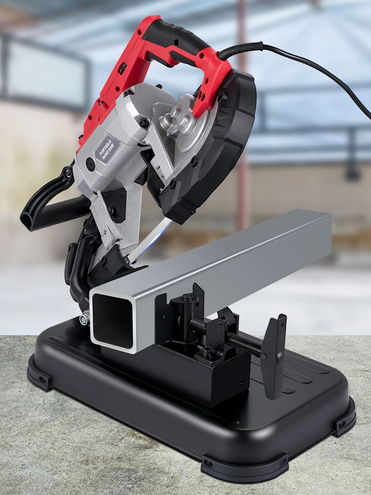YardEdge Pro band saw in the alloy base plate cutting square steel box section