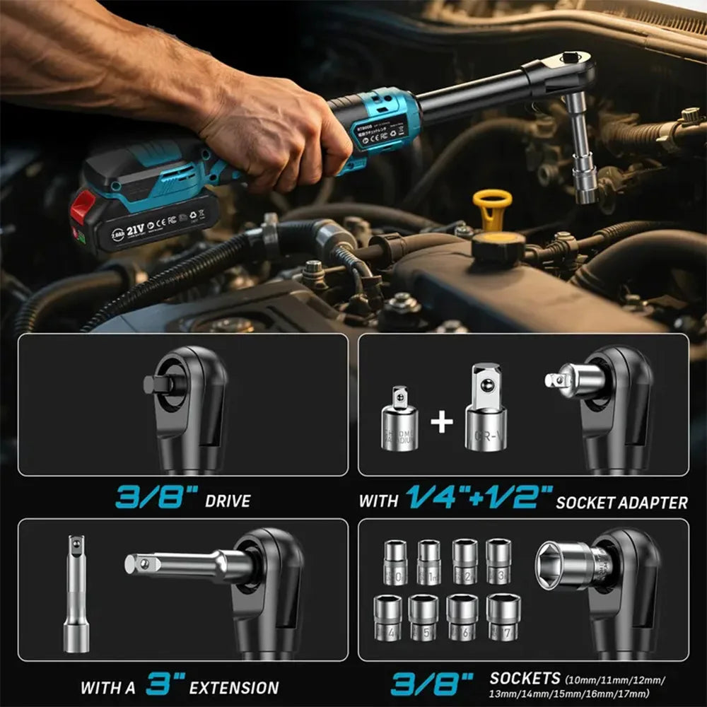 Mechanic reaching into an engine bay with the YardEdge Pro extended ratchet wrench, alongside a panel showing the 3/8 inch square drive, the 1/4 inch and 1/2 inch adapters, the 3 inch extension bar and the eight sockets