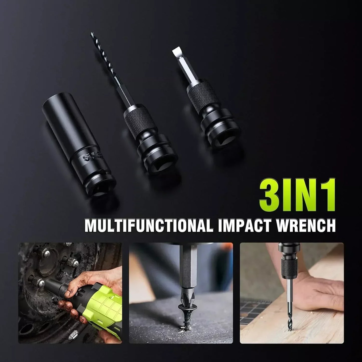 3-in-1 multifunctional tool: impact wrench, drill and screwdriver with included adapters
