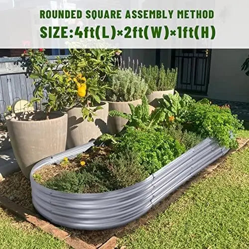 Oval raised garden bed in galvanized steel with an open base