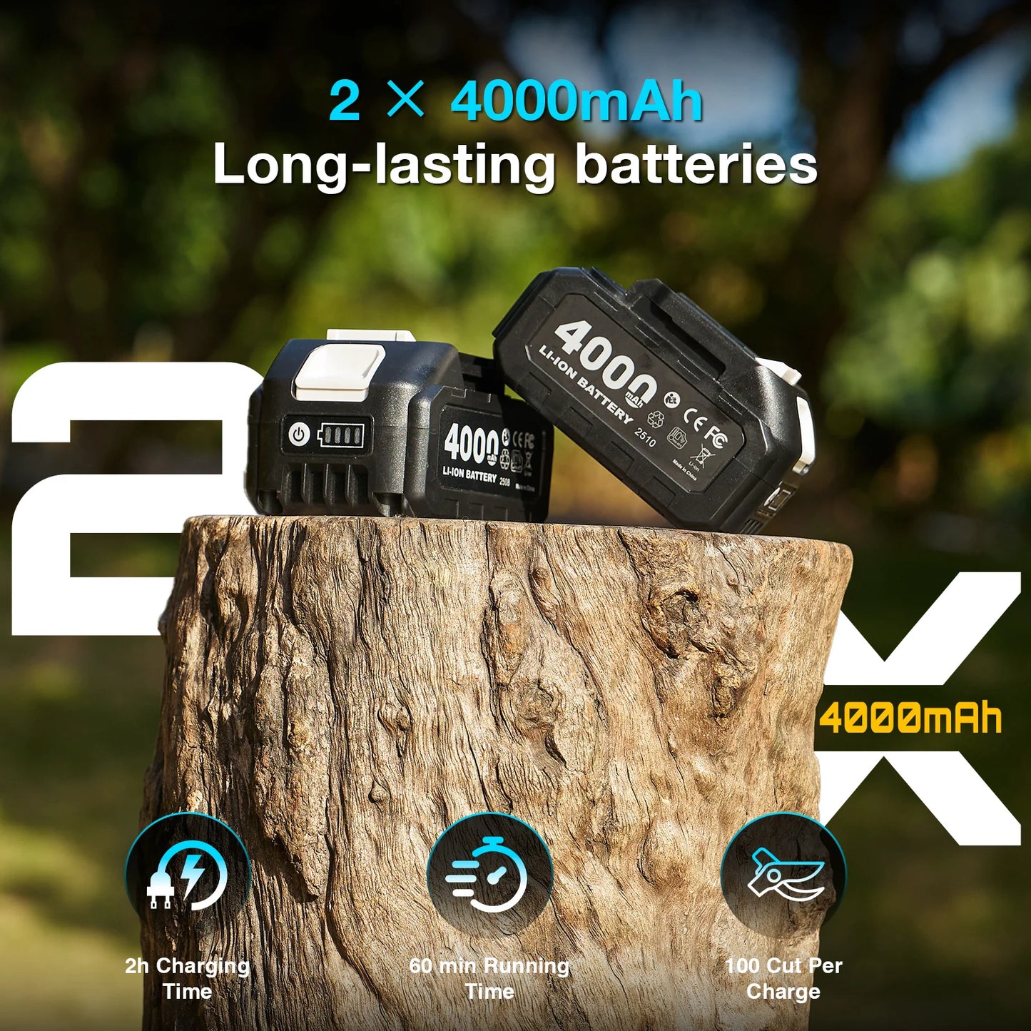 Two 21V 4000mAh batteries giving about 60 minutes runtime and 100 cuts per charge, 2 hour recharge