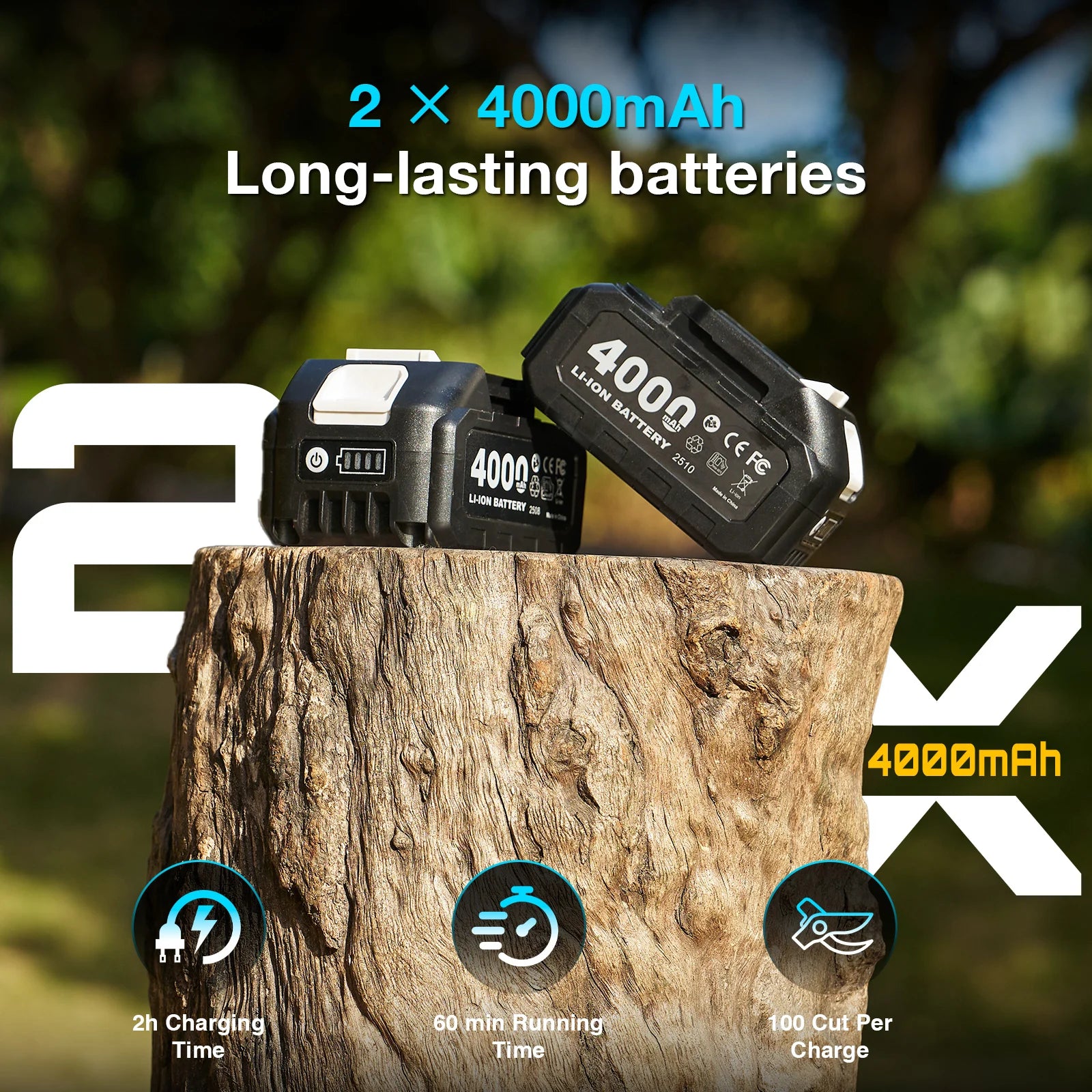 Two 21V 4000mAh batteries giving about 60 minutes runtime and 100 cuts per charge, 2 hour recharge