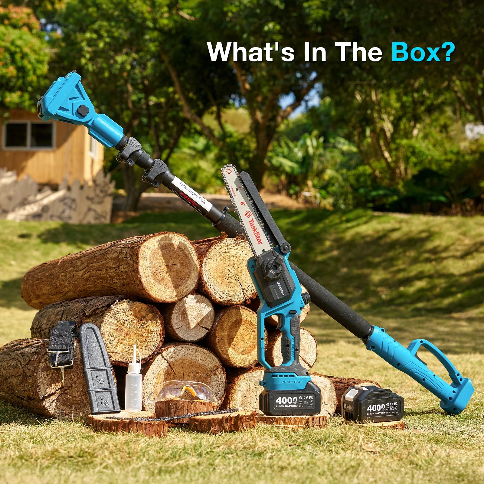 What is in the box: pole saw, telescoping pole, two 4.0Ah batteries, charger, shoulder strap and spare chain