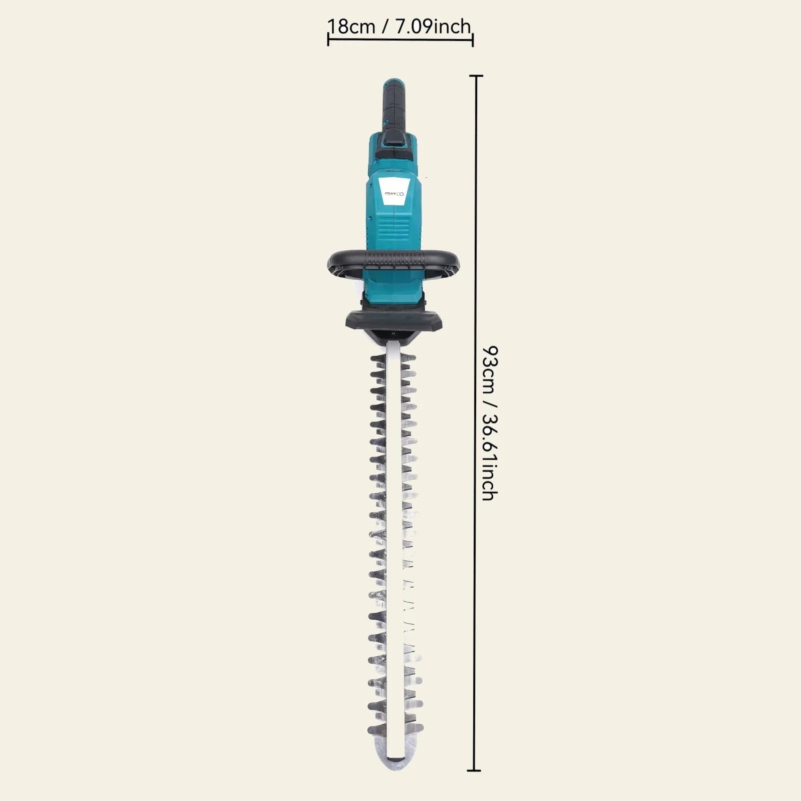 YardEdge Pro hedge trimmer dimensions - 93cm / 36.61 inch long, 18cm / 7.09 inch wide
