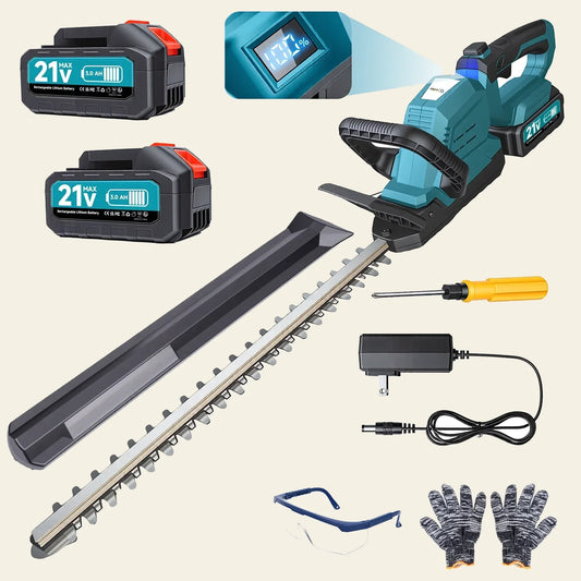 YardEdge Pro cordless hedge trimmer with two 21V batteries, charger, gloves and safety glasses