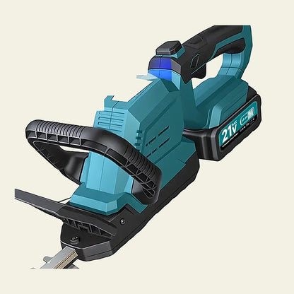 Close-up of the cordless hedge trimmer power head and rotating collar
