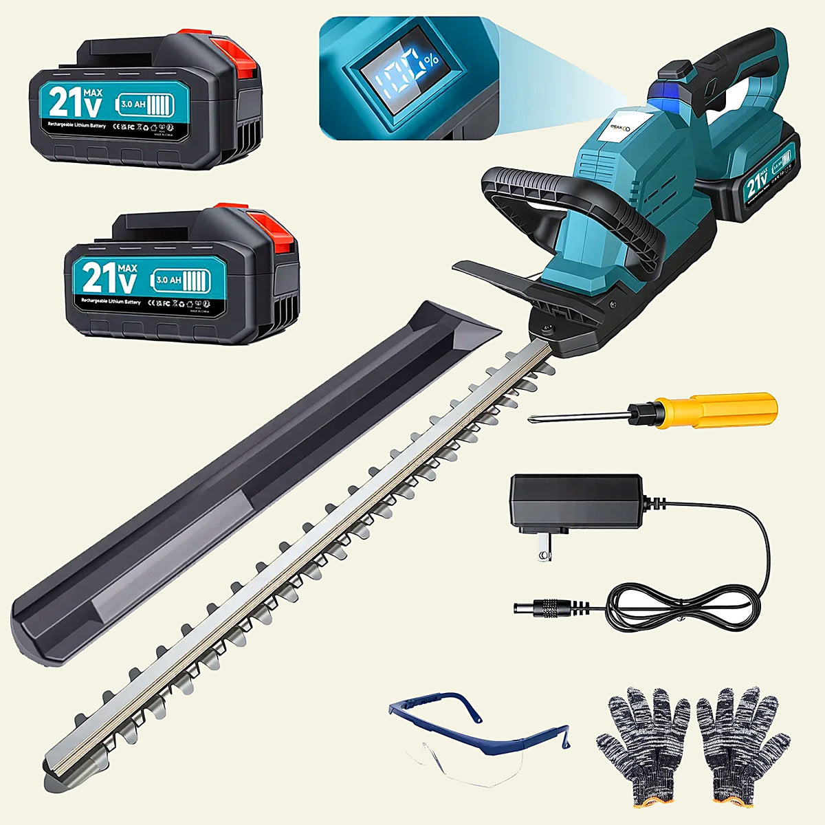Cordless hedge trimmer kit contents, including two 21V batteries and charger