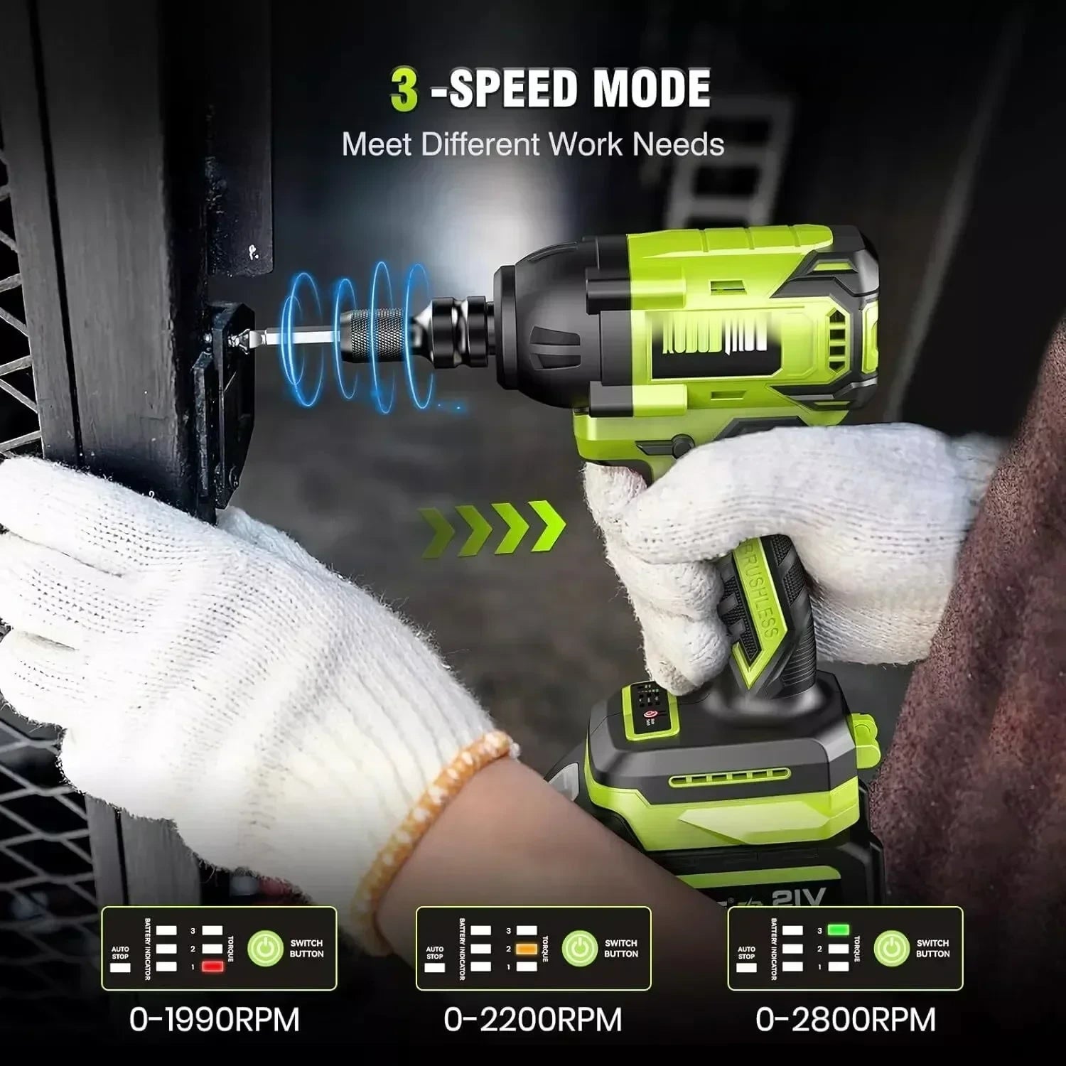 TorquePro 3-speed mode selector: 0-1990, 0-2200 and 0-2800 RPM with variable speed trigger