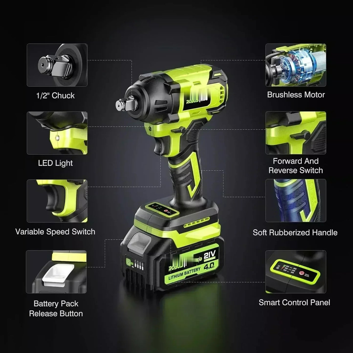 TorquePro feature overview: brushless motor, smart control panel, LED light, rubberized grip and battery release
