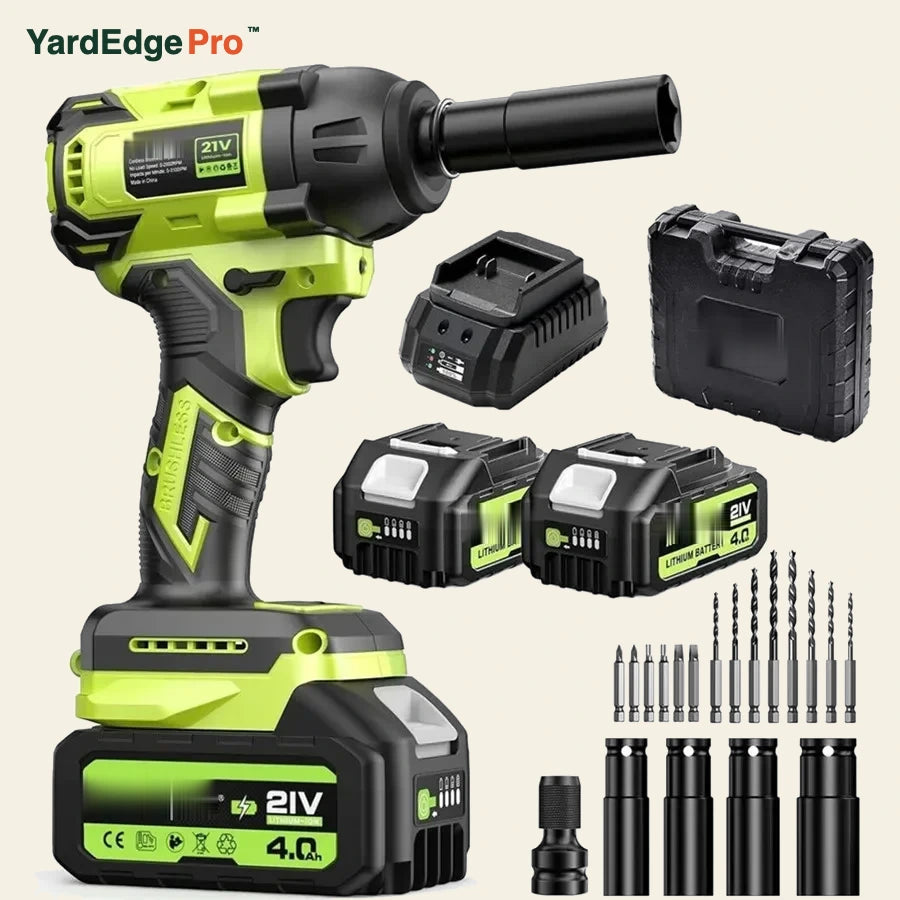 TorquePro 3-in-1 cordless impact wrench full kit with two 21V 4.0Ah batteries, charger, sockets, drill bits and carry case