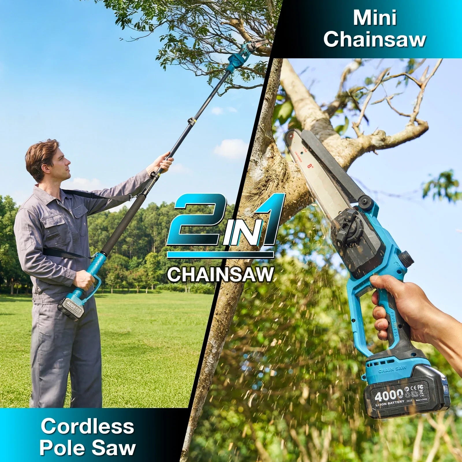 2-in-1 pole chainsaw: use as a mini chainsaw or extend for high branches
