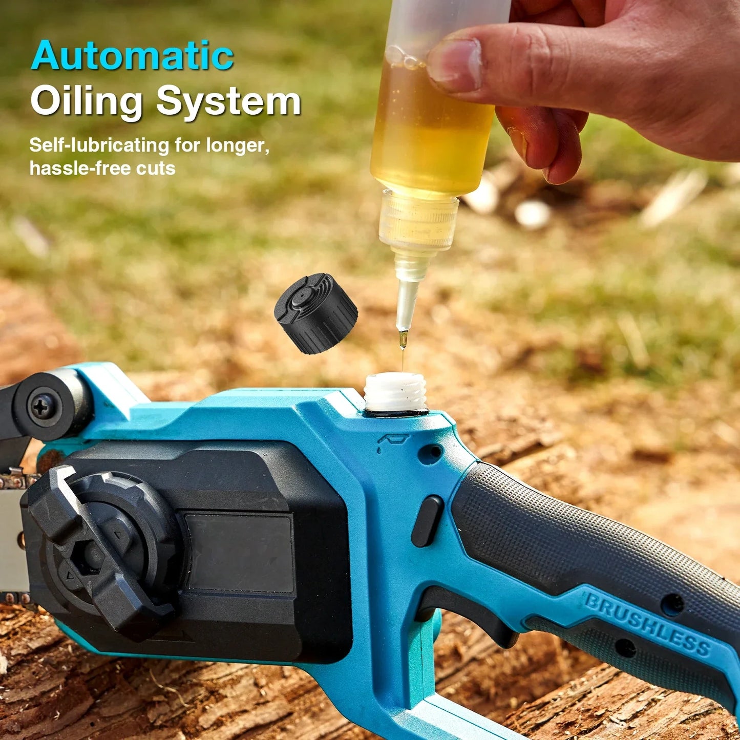 Automatic oiling system keeps the chain lubricated while cutting